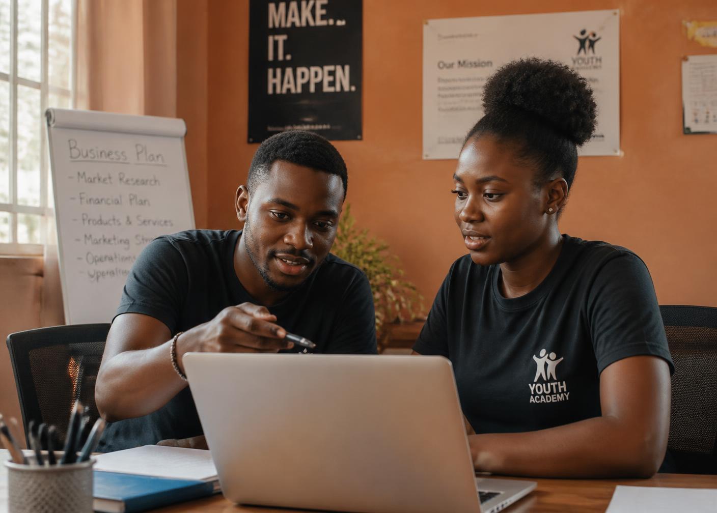 A Lebone mentor reviewing a business plan with a young entrepreneur