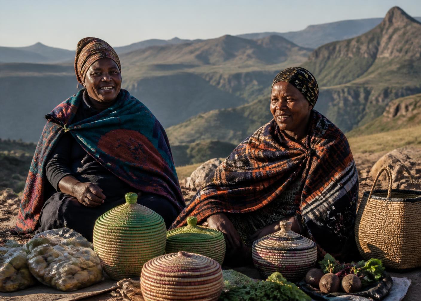 Rural Basotho women entrepreneurs with handmade crafts and produce in the Lesotho highlands